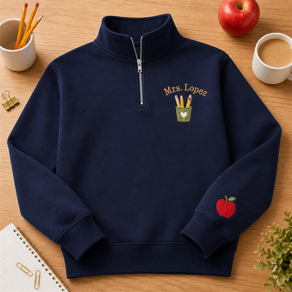 Custom Teacher Name Embroidered Quarter Zip | Personalized Pencil Cup Back to School Pullover
