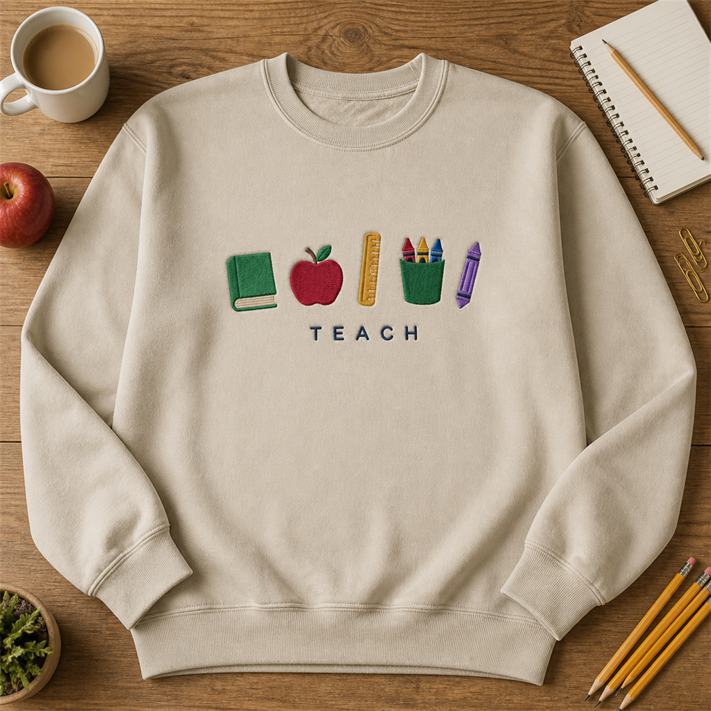 TEACH Embroidered Sweatshirt | Apple Books Crayons Teacher Appreciation Crewneck