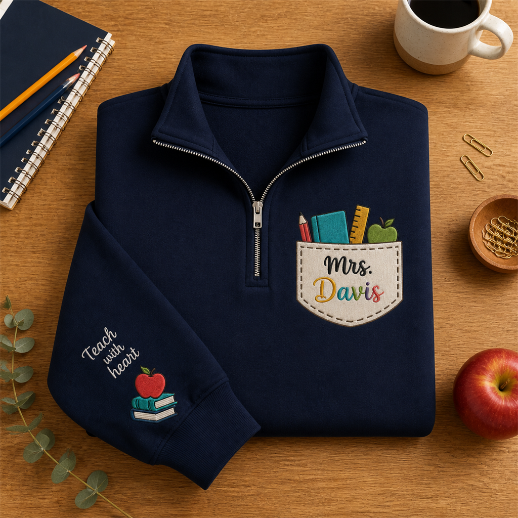 Cream Pocket Teacher Embroidered Quarter Zip | Personalized Name Apple Books Classroom Pullover