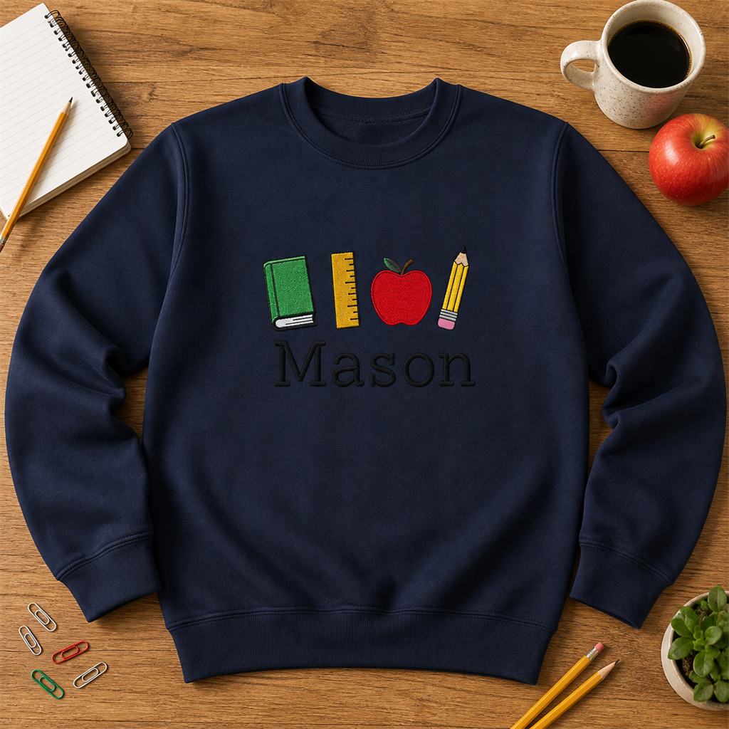 Apple and Books Teacher Embroidered Sweatshirt | Personalized Name Back to School Crewneck