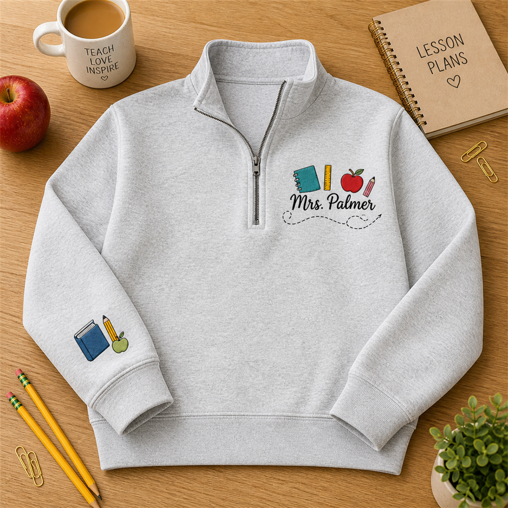 Classroom Icons Teacher Embroidered Quarter Zip | Personalized Name Apple Ruler Pullover