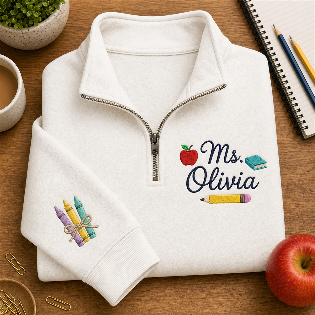 Apple and Books Teacher Embroidered Quarter Zip | Personalized Name Back to School Pullover