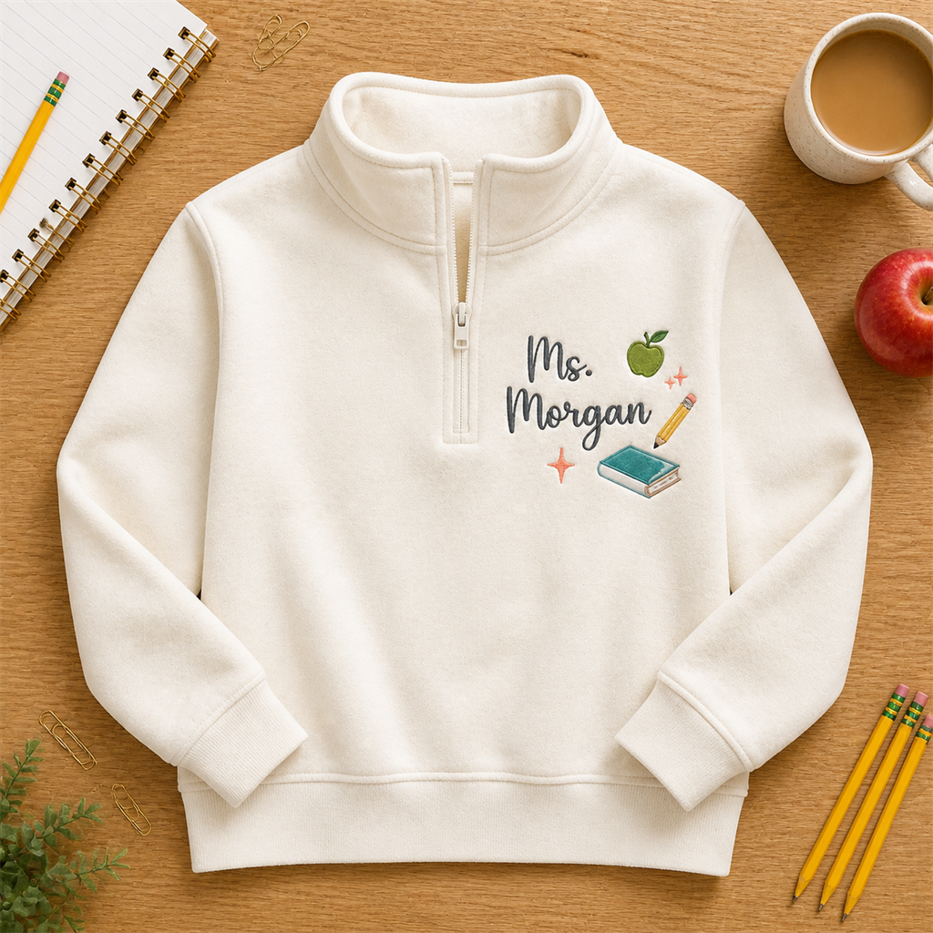Apple and Book Teacher Embroidered Quarter Zip | Personalized Script Name Classroom Pullover