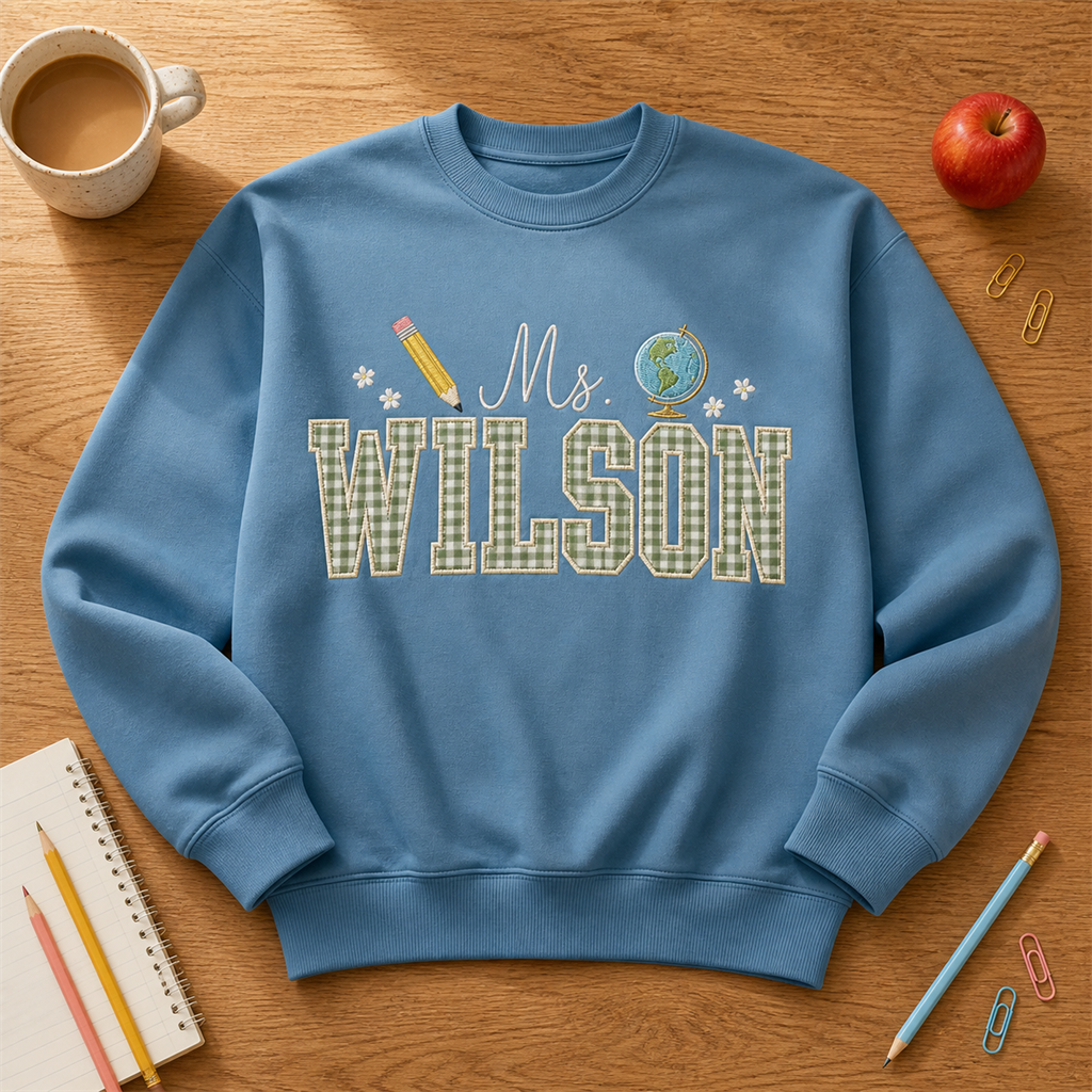 Teacher Gingham Name Embroidered Sweatshirt | Personalized Globe Pencil Classroom Crewneck