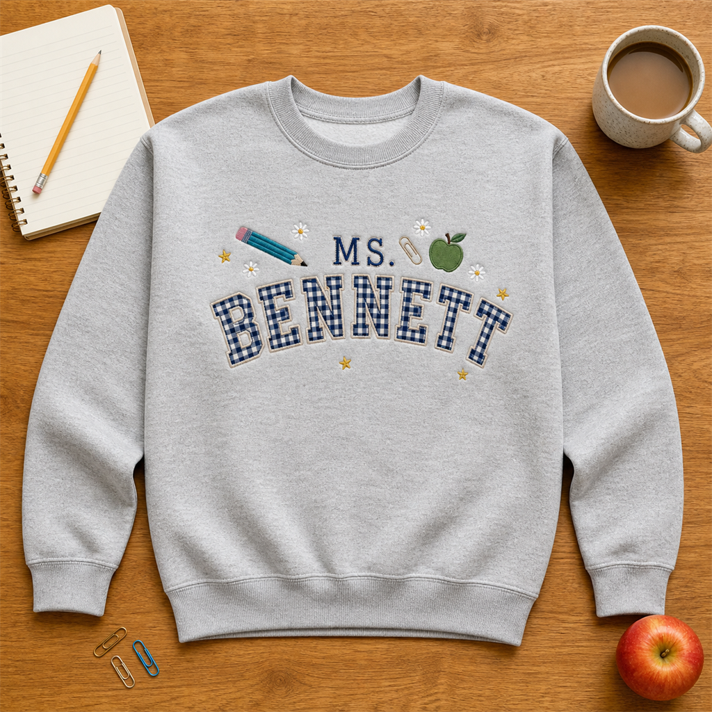 Gingham Teacher Name Embroidered Sweatshirt | Personalized Apple Pencil Back to School Crewneck