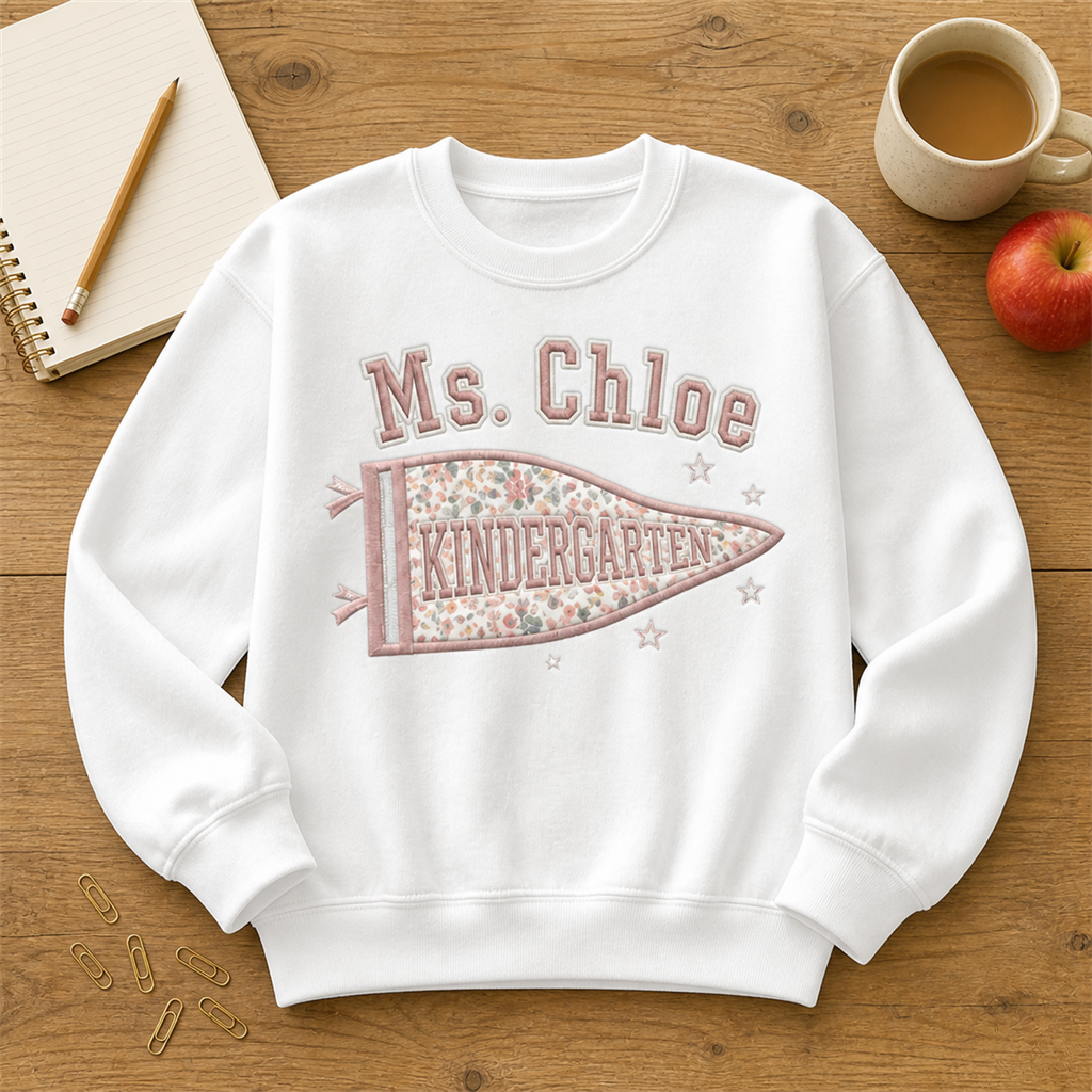 Kindergarten Teacher Embroidered Sweatshirt | Personalized Floral Pennant Back to School Crewneck