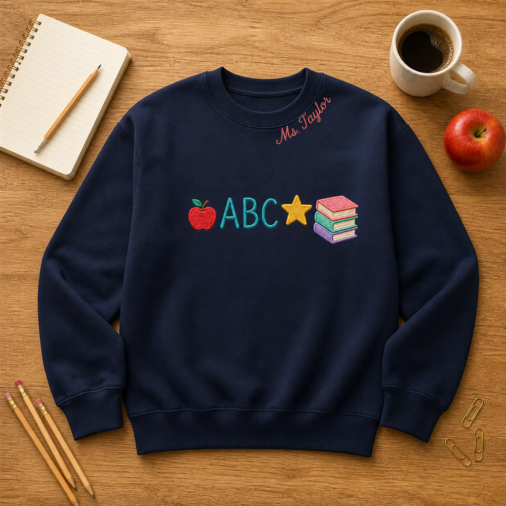 ABC Apple and Books Embroidered Sweatshirt | Personalized Teacher Collar Name Crewneck
