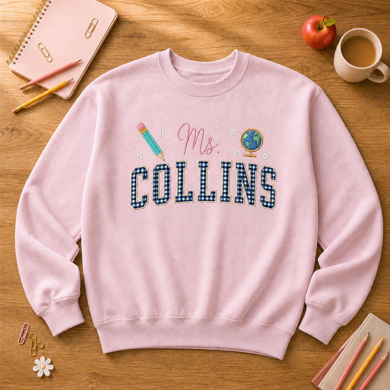 Teacher Name Gingham Embroidered Sweatshirt | Personalized Pencil Globe Classroom Crewneck