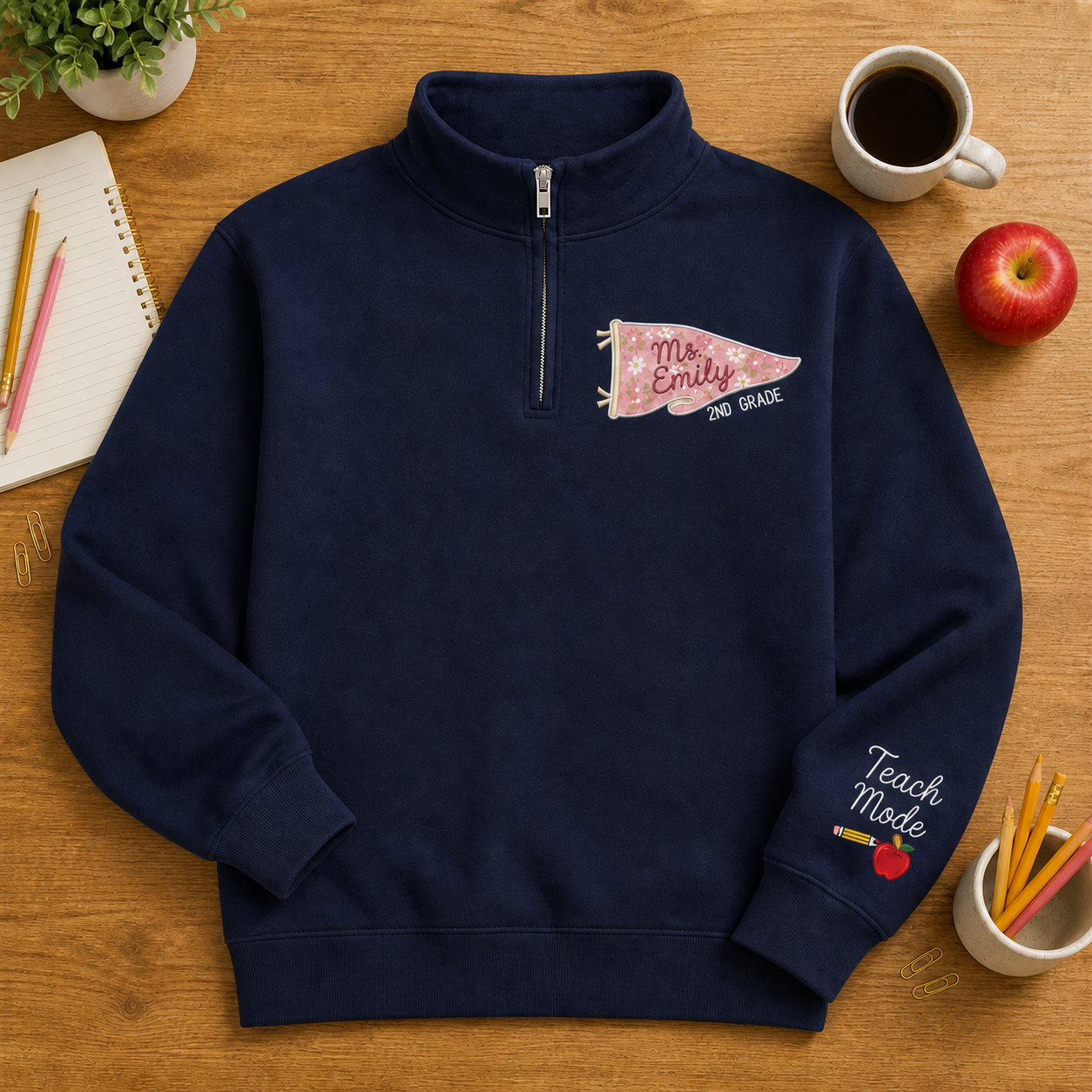 Floral Pennant Teacher Embroidered Quarter Zip | Personalized Name and Grade Classroom Pullover