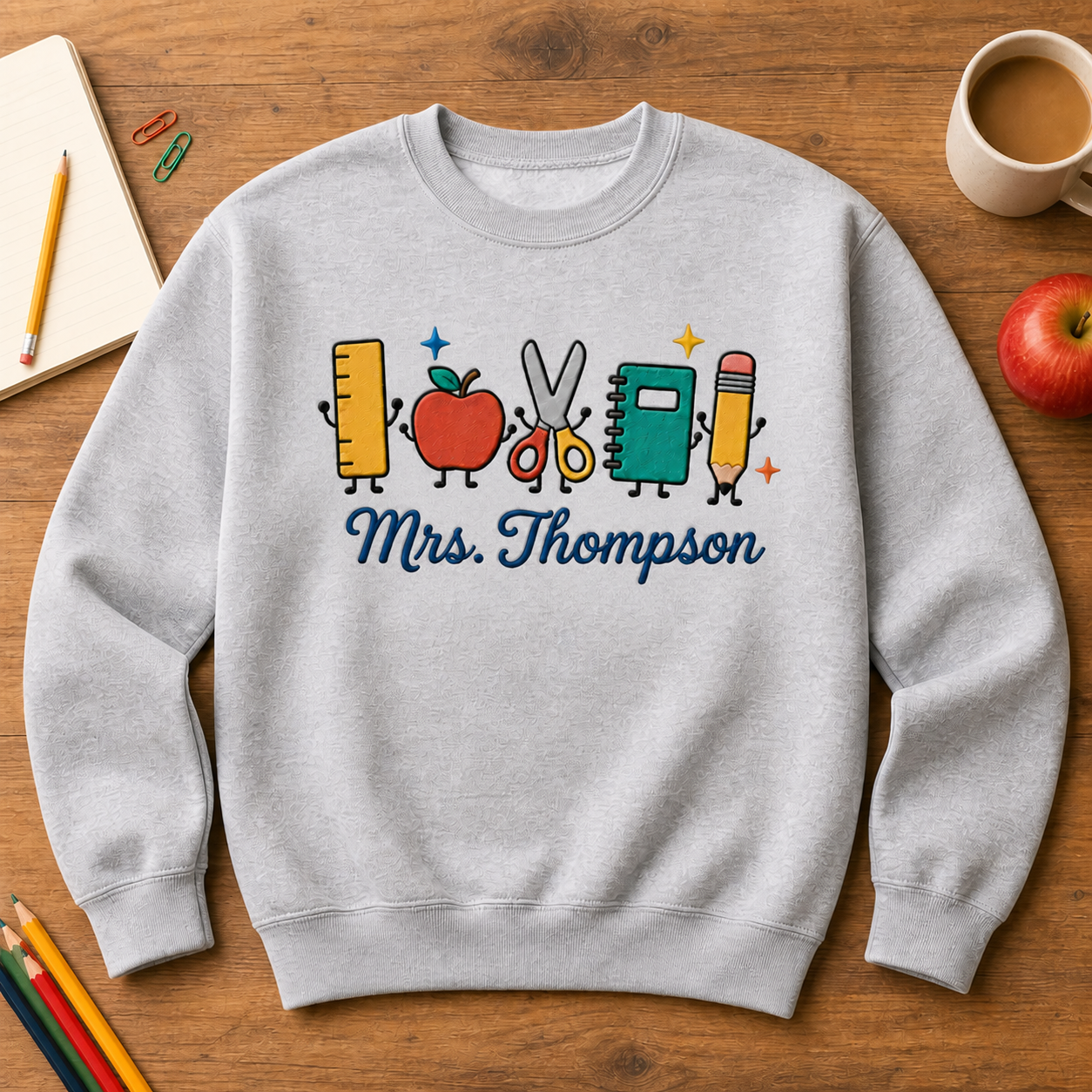 Cute School Supplies Embroidered Sweatshirt | Personalized Teacher Name Classroom Crewneck