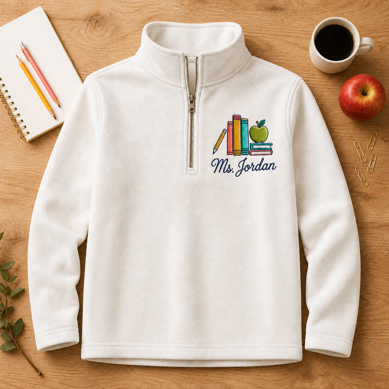 Book Stack Teacher Embroidered Quarter Zip | Personalized Script Name Apple Pencil Pullover