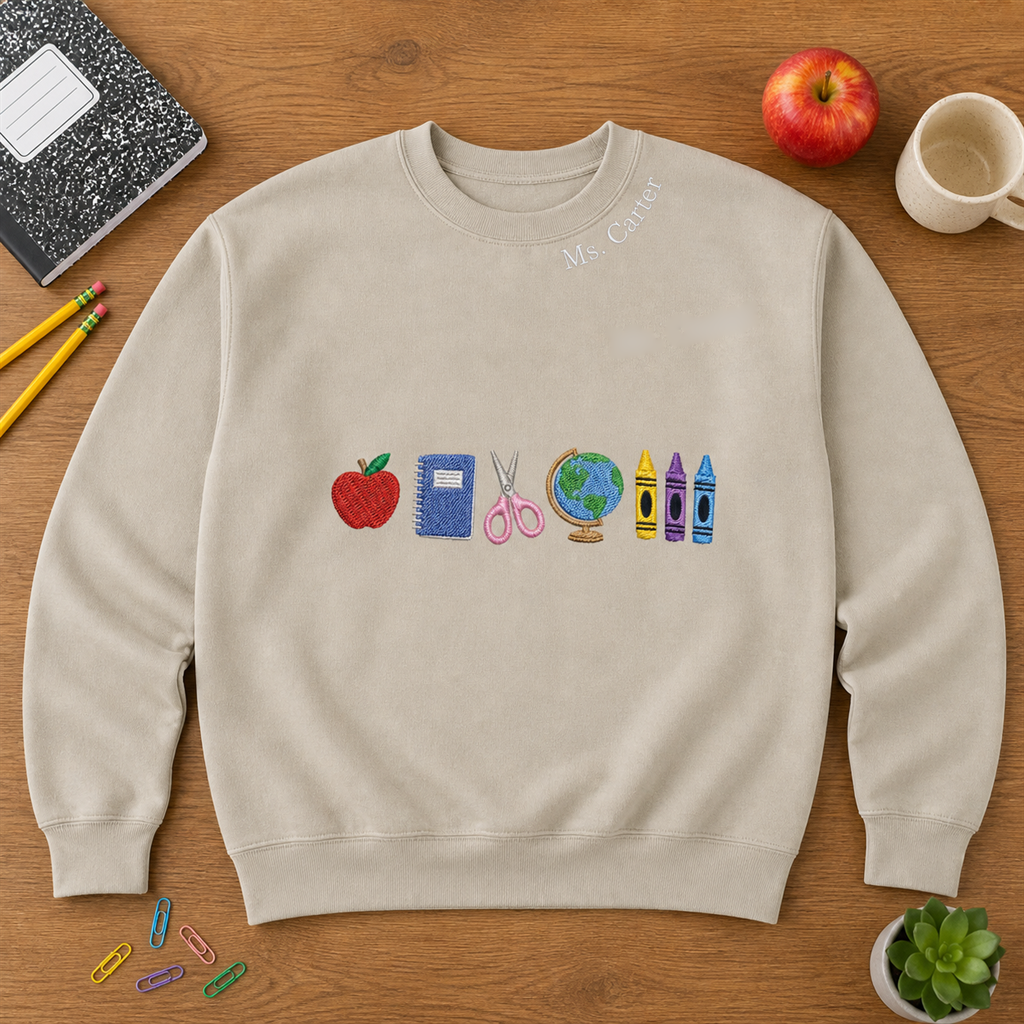Teacher School Supplies Embroidered Sweatshirt | Personalized Collar Name Back to School Crewneck