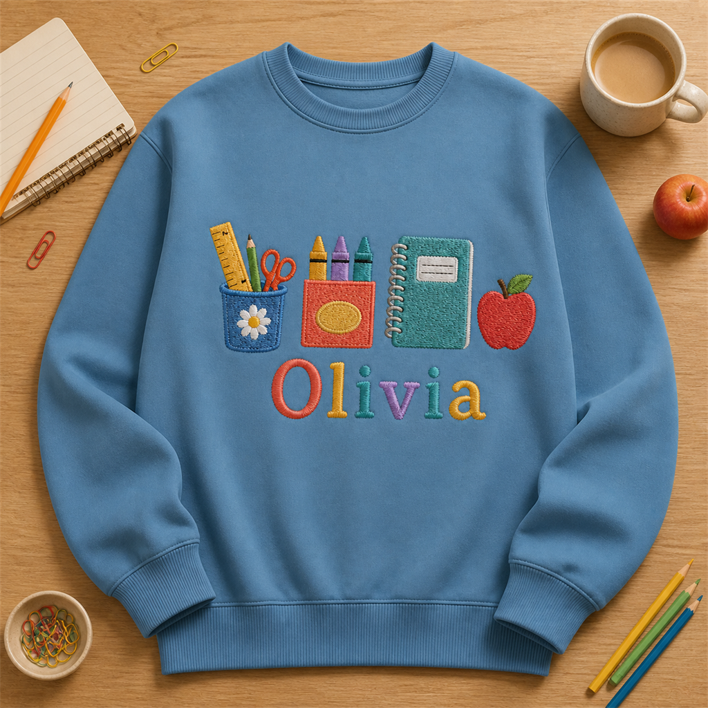 Back to School Supplies Embroidered Sweatshirt | Personalized Name Classroom Crewneck