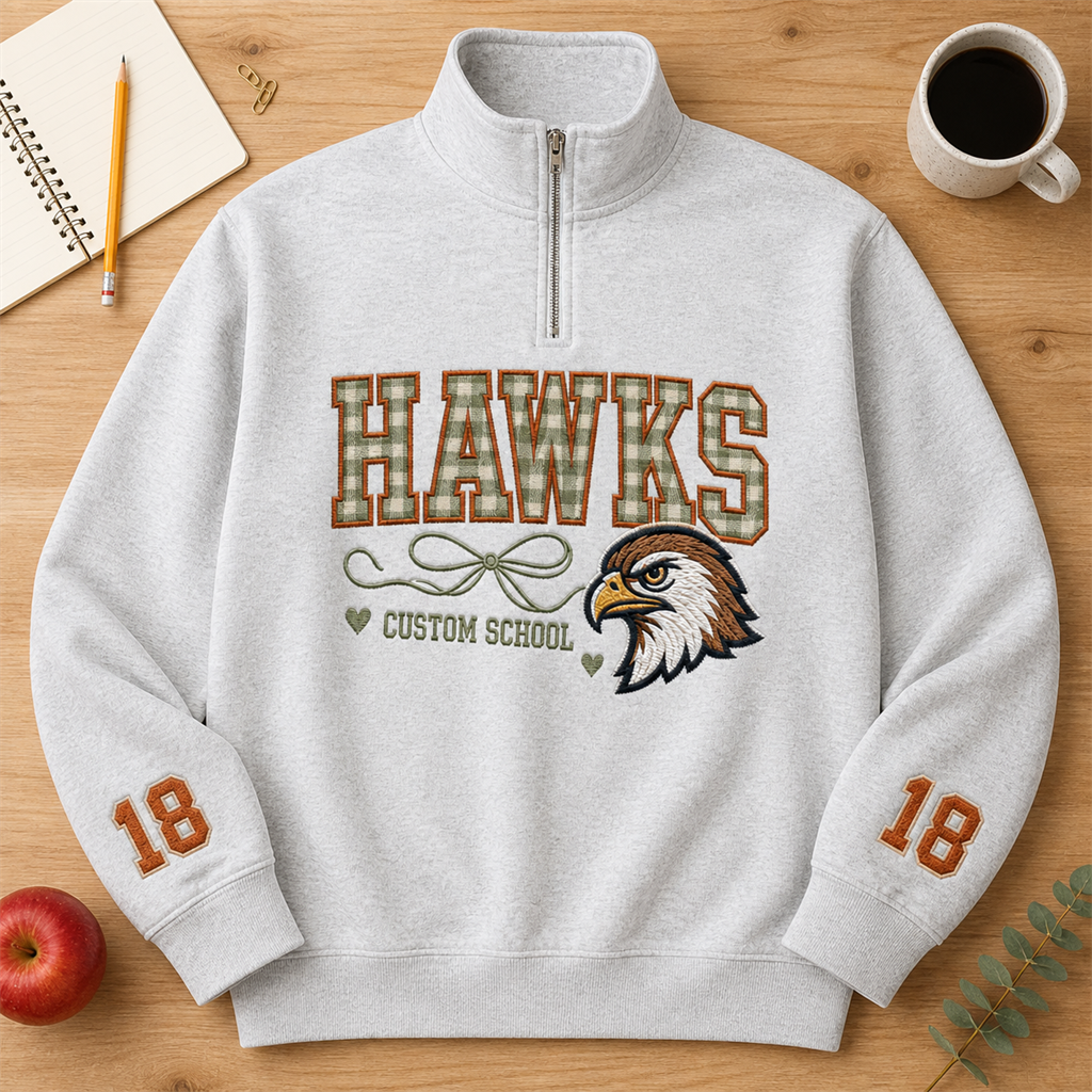 Custom School Mascot Embroidered Quarter Zip | Personalized Team Name Gingham Varsity Pullover