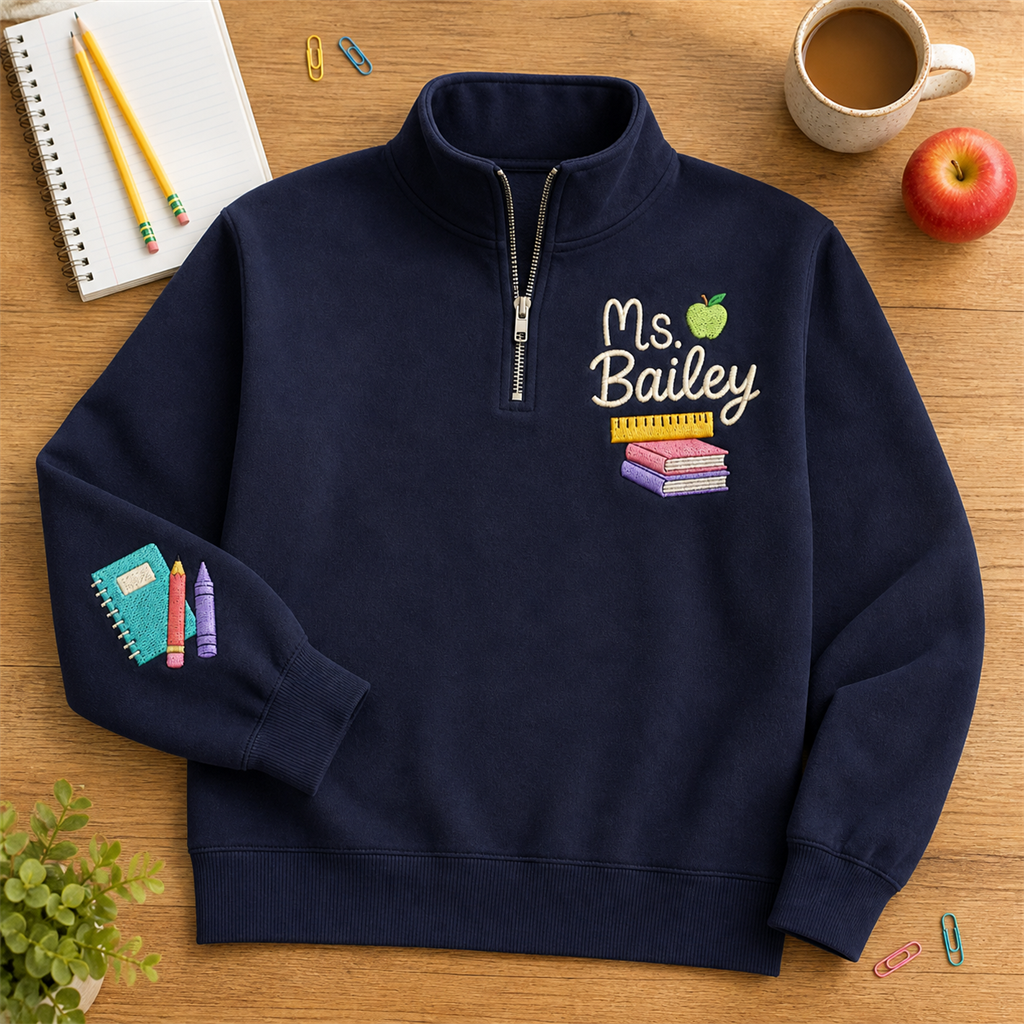 Chenille Name Teacher Embroidered Quarter Zip | Personalized Books Apple Back to School Pullover