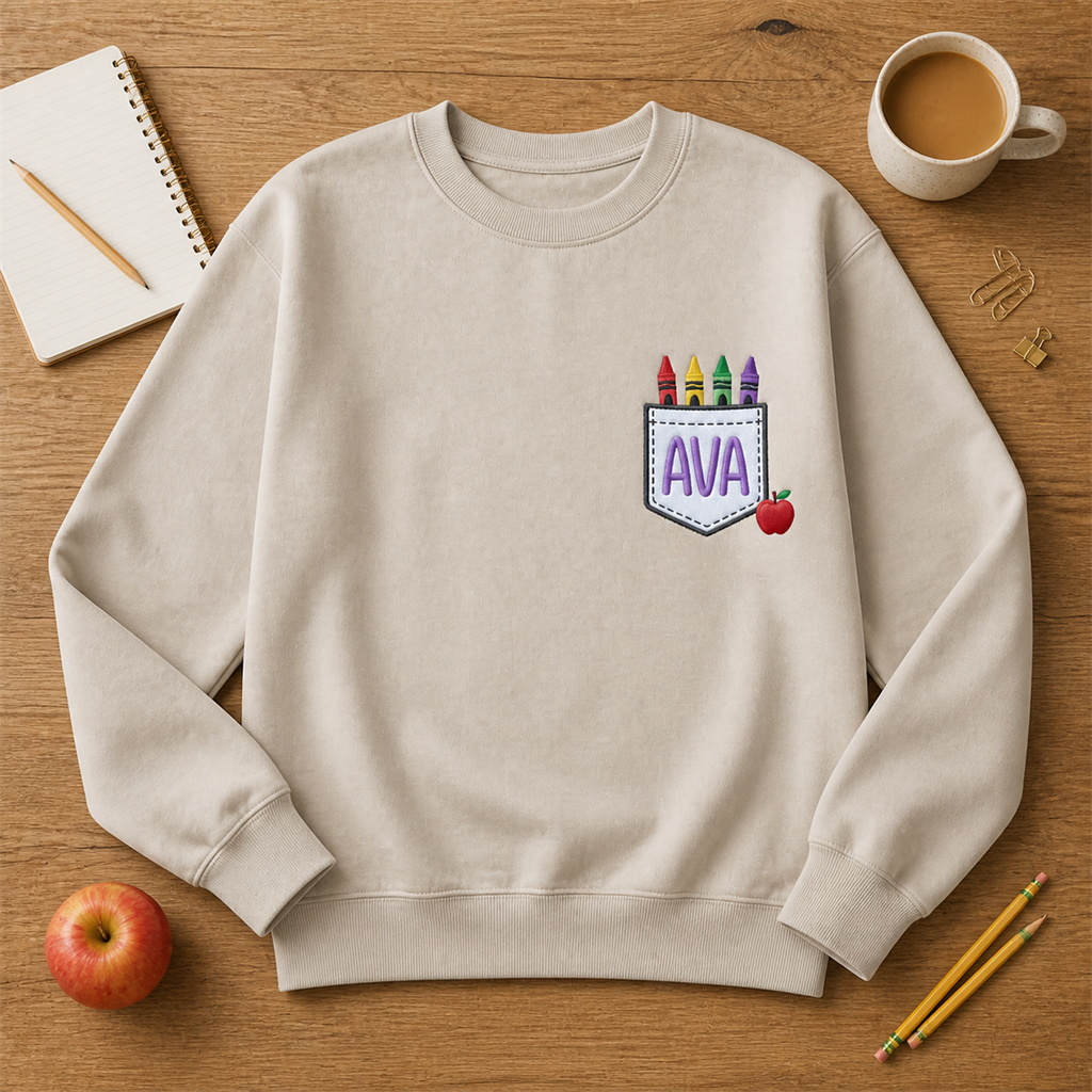 Crayon Pocket Embroidered Sweatshirt | Personalized Name Back to School Teacher Crewneck
