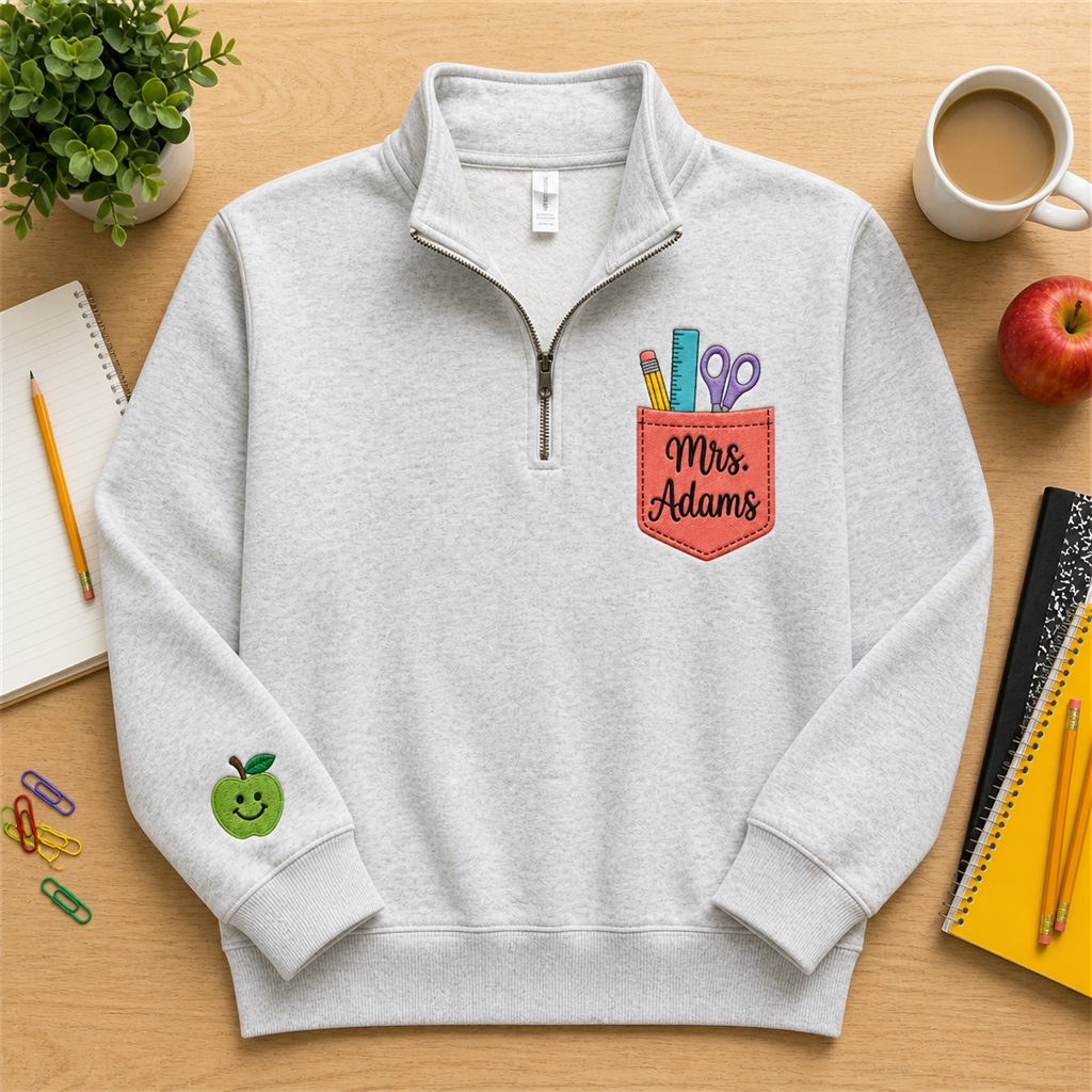 Teacher Pocket Embroidered Quarter Zip | Personalized Name School Supplies Back to School Pullover