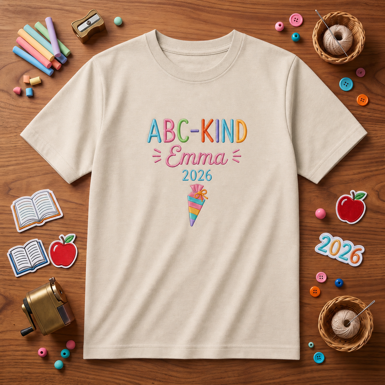 ABC-Kind Embroidered Youth T-Shirt | Personalized Name and Year First Day of School Tee