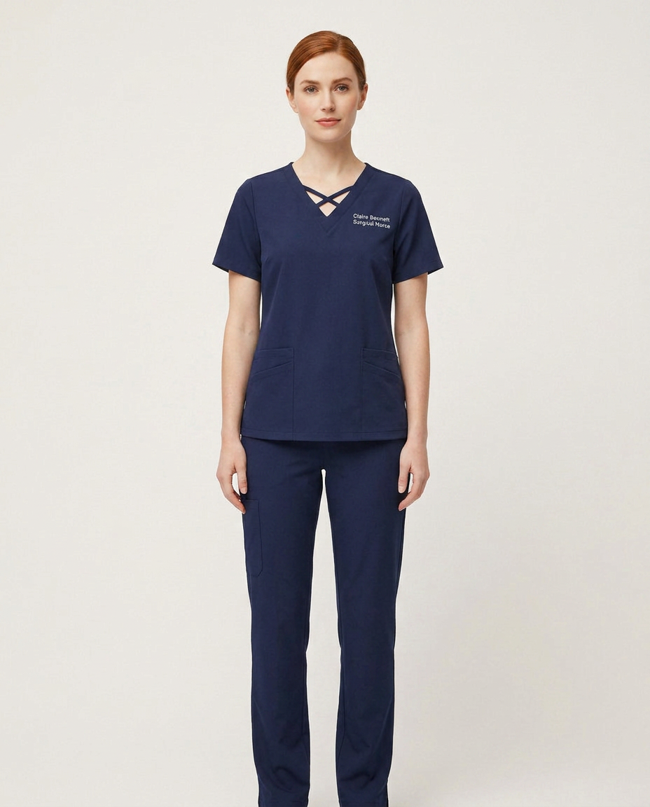Custom Embroidered Scrub Set with Crisscross V-Neck – Straight Leg Medical Uniform
