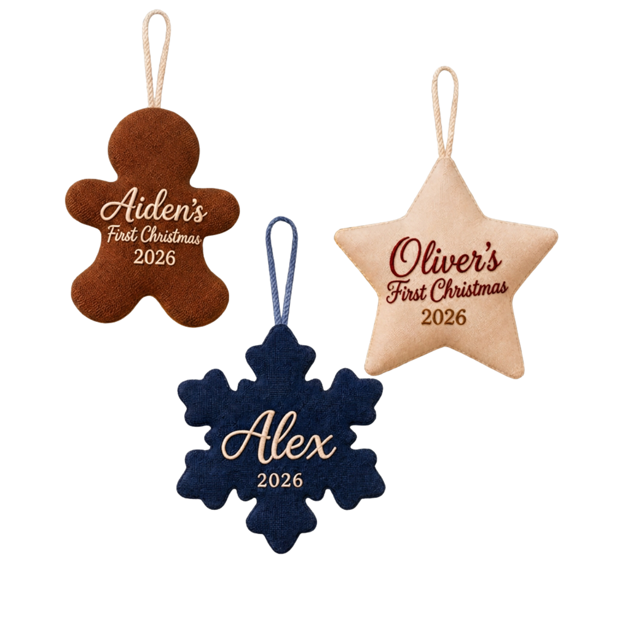 Personalized Embroidered First Christmas Ornament | Custom Name & Year Gingerbread, Star & Snowflake Keepsake