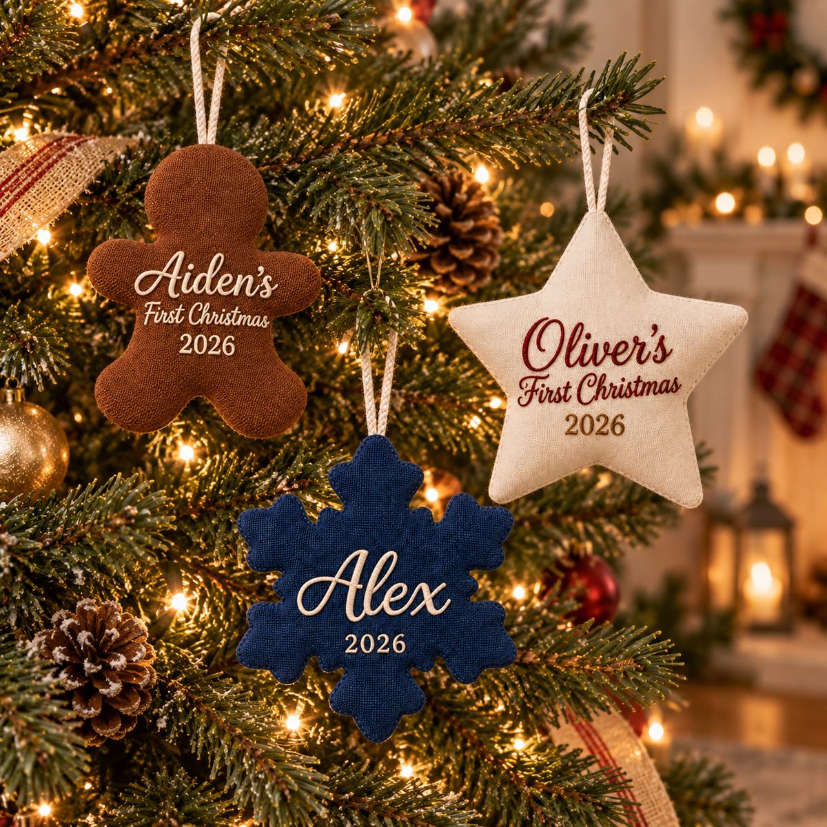 Personalized Embroidered First Christmas Ornament | Custom Name & Year Gingerbread, Star & Snowflake Keepsake