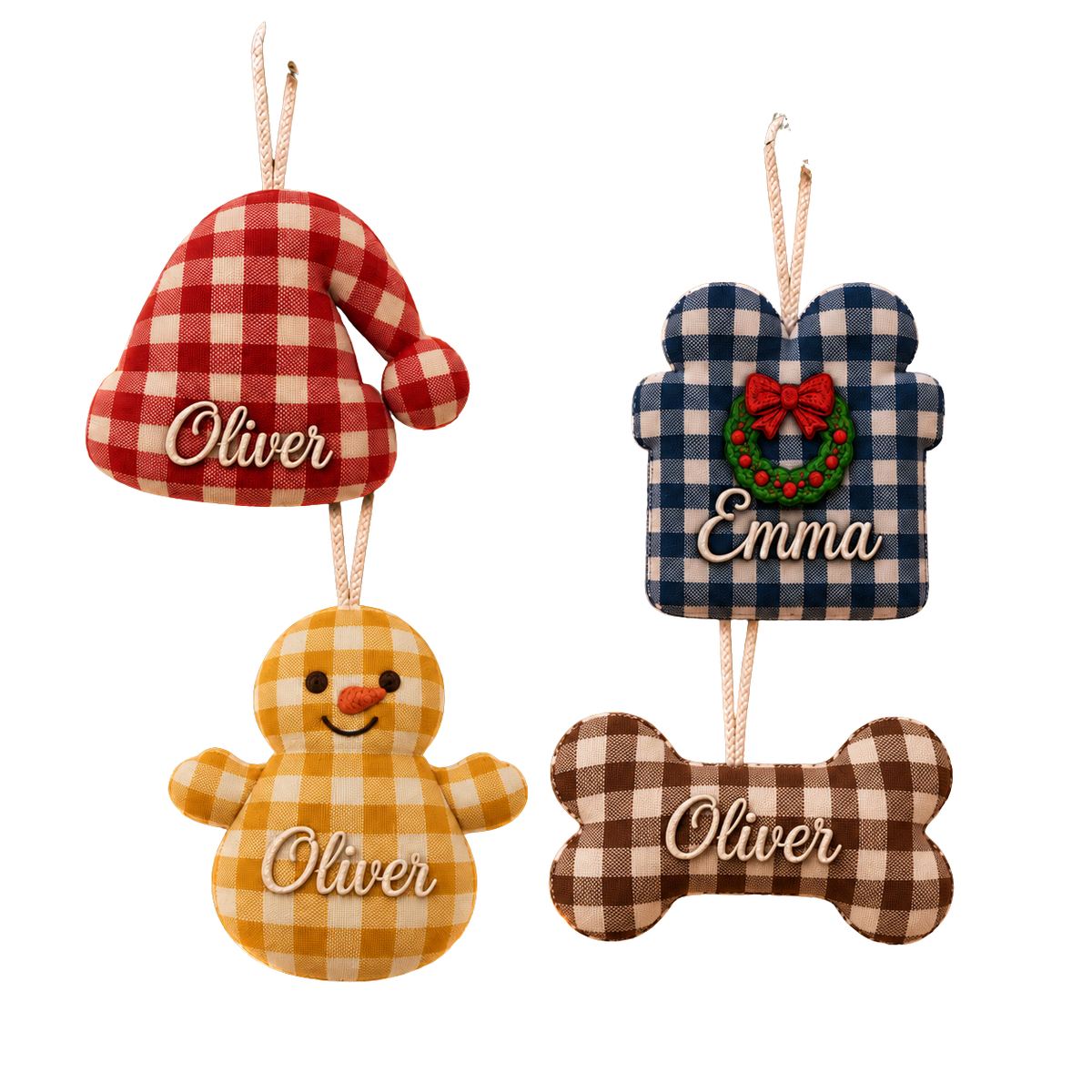 Personalized Gingham Christmas Ornament | Custom Name Santa Hat, Gift Box, Snowman & Dog Bone Keepsake