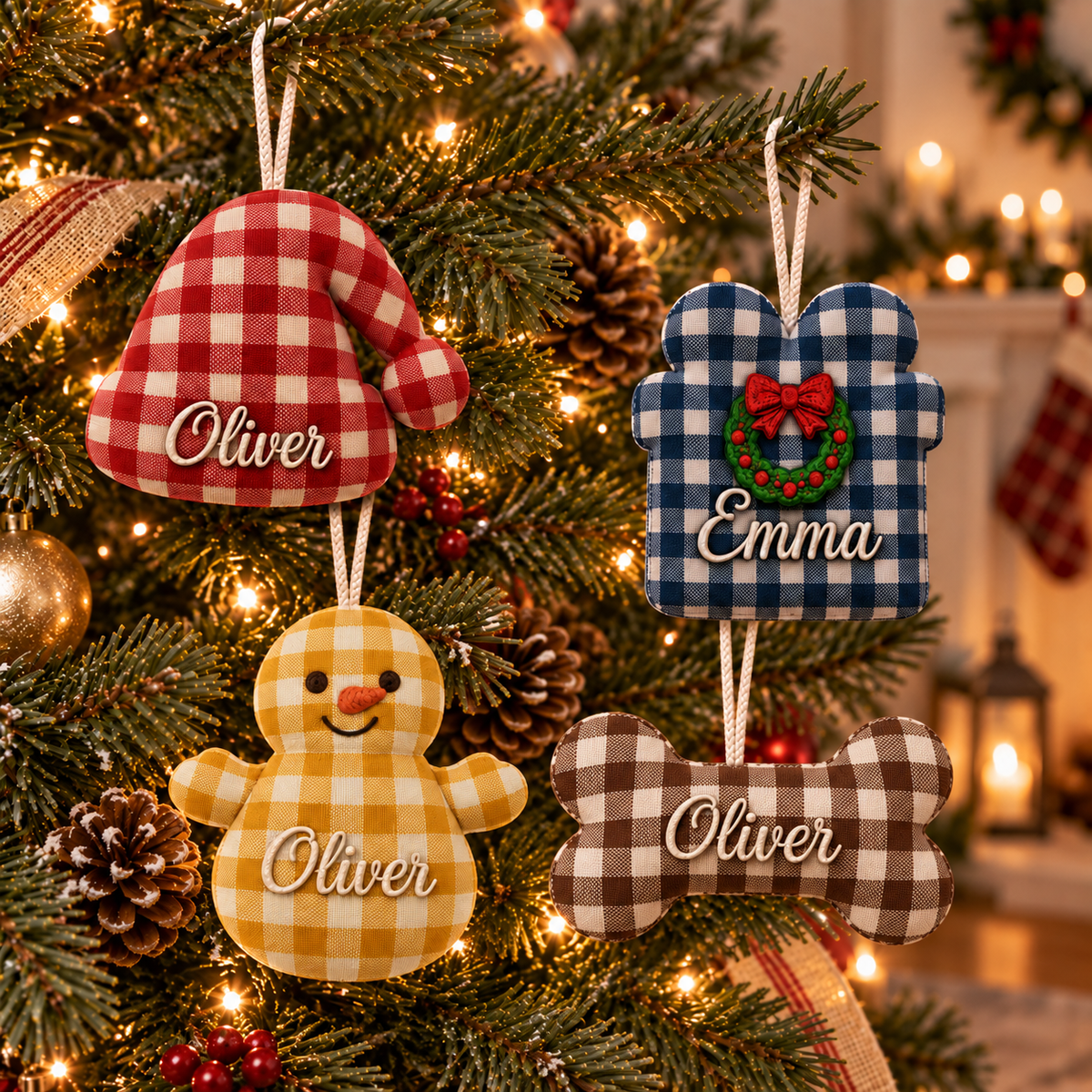Personalized Gingham Christmas Ornament | Custom Name Santa Hat, Gift Box, Snowman & Dog Bone Keepsake