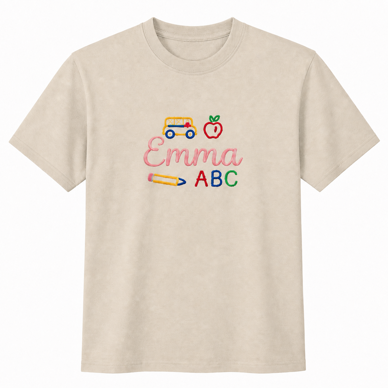 Script Name School Bus Embroidered Youth T-Shirt | Personalized ABC Back to School Kids Tee