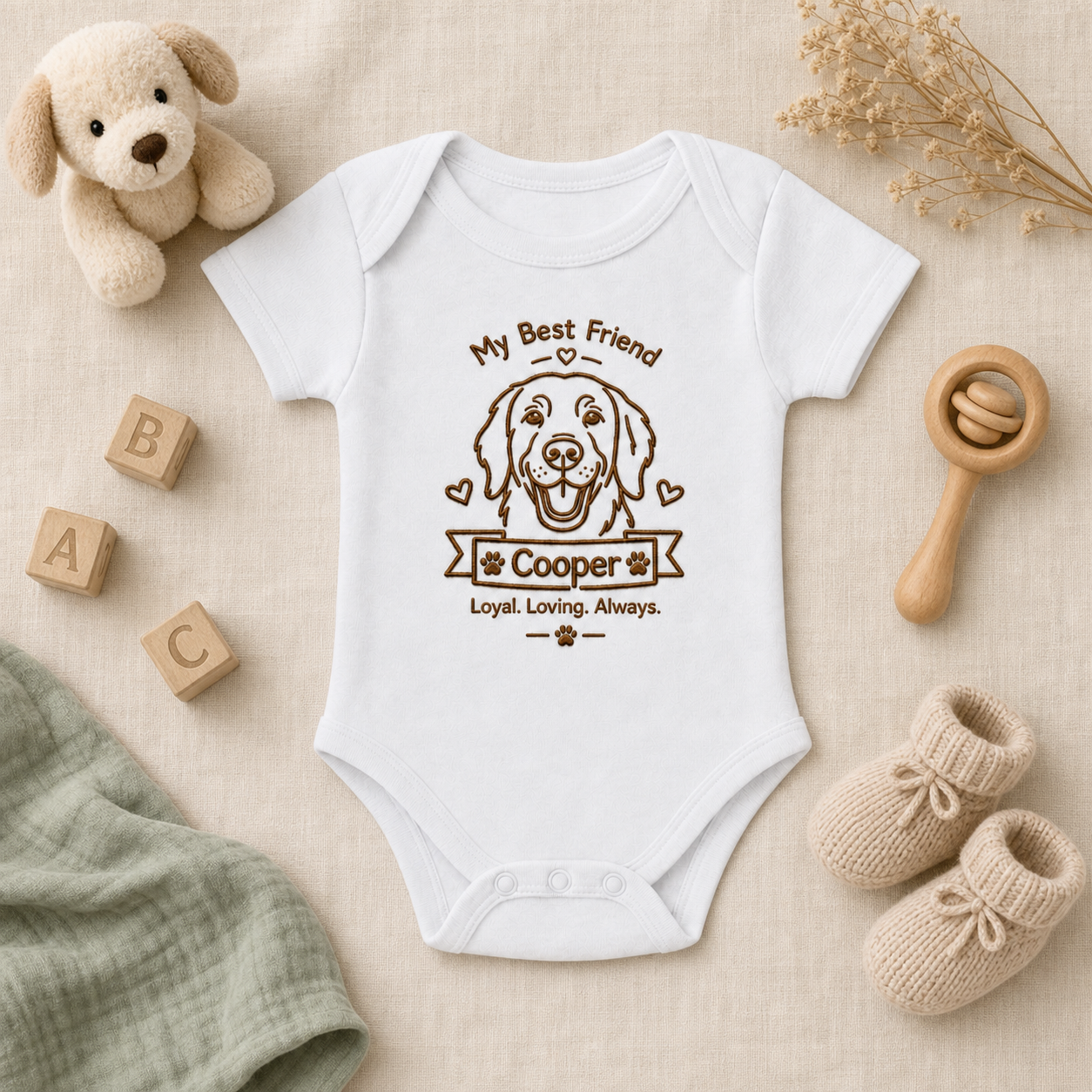 Custom Embroidered Golden Retriever Baby Onesie | Personalized Dog Name Banner Bodysuit, My Best Friend Gift