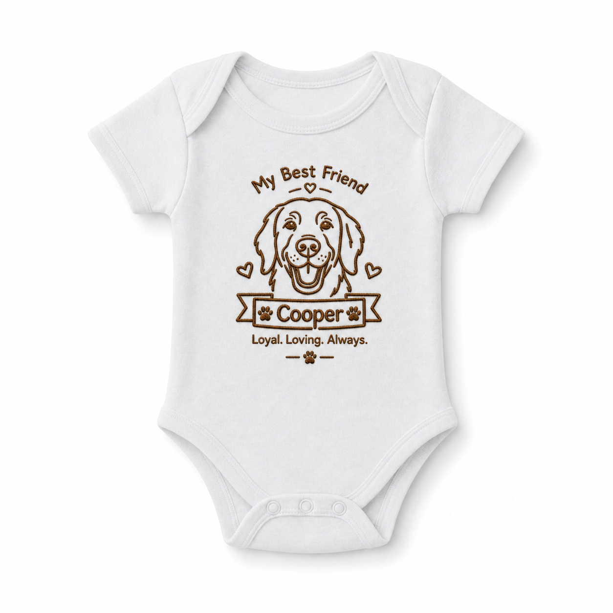 Custom Embroidered Golden Retriever Baby Onesie | Personalized Dog Name Banner Bodysuit, My Best Friend Gift
