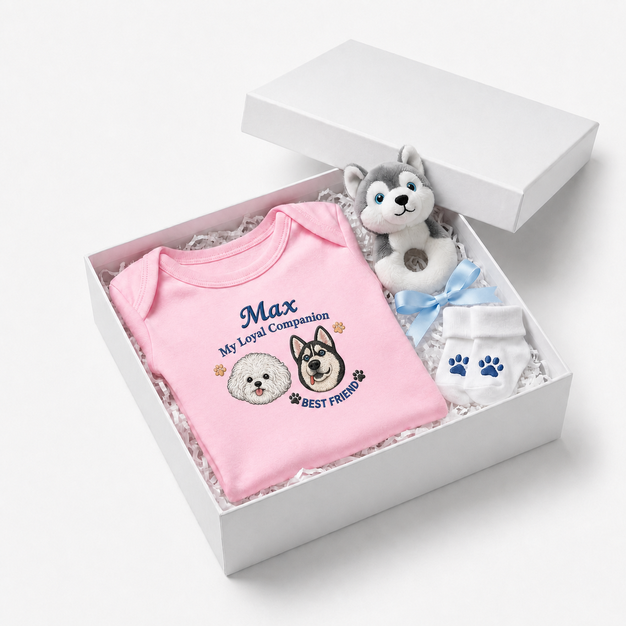 Custom Embroidered Bichon and Husky Baby Onesie | Personalized Pet Name Bodysuit, My Loyal Companion Gift Set