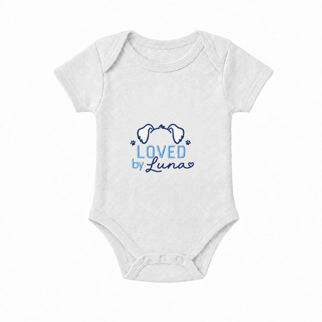 Custom Embroidered Loved By Baby Onesie | Personalized Dog Name Bodysuit, Puppy Ears Pet Lover Baby Gift