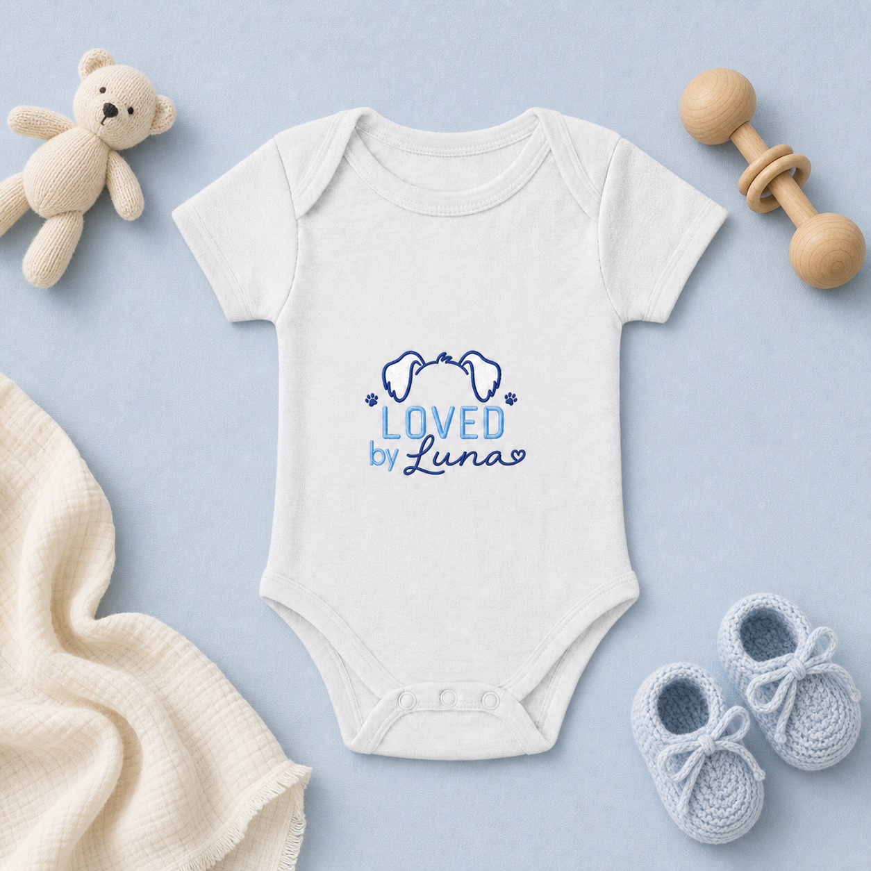 Custom Embroidered Loved By Baby Onesie | Personalized Dog Name Bodysuit, Puppy Ears Pet Lover Baby Gift