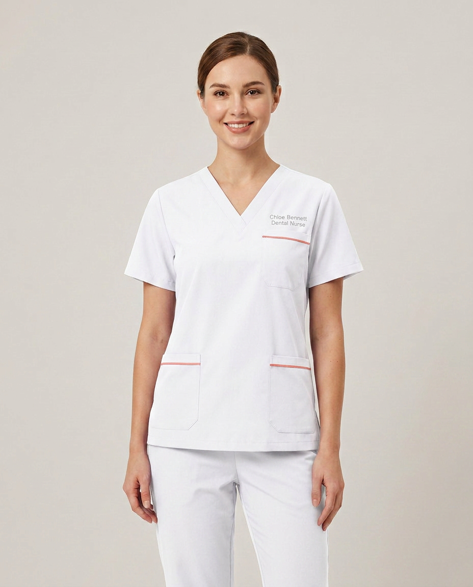 Custom Embroidered Unisex Scrub Set with Contrast Trim – V-Neck Dental Nurse Uniform