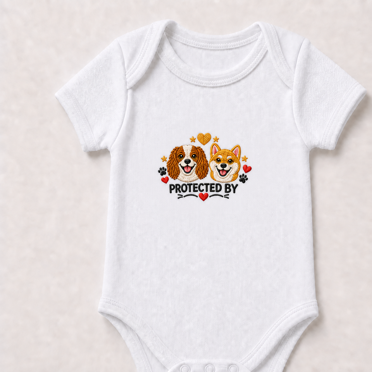 Custom Embroidered Protected By Dogs Baby Onesie | Two Pet Portrait Bodysuit, White Baby Gift for Dog Lovers