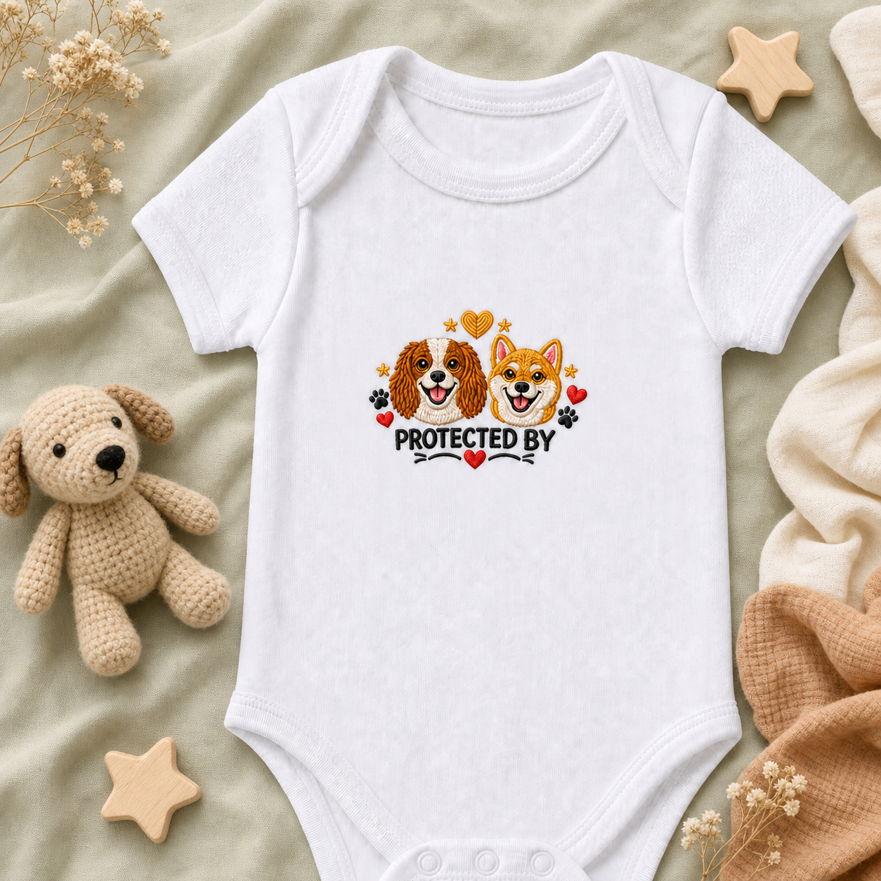 Custom Embroidered Protected By Dogs Baby Onesie | Two Pet Portrait Bodysuit, White Baby Gift for Dog Lovers