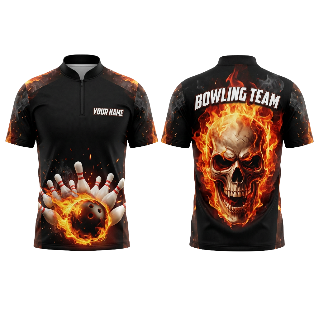 Custom Flaming Skull Bowling Polo Shirt | Personalized Team Name 3D Printed Bowling Jersey