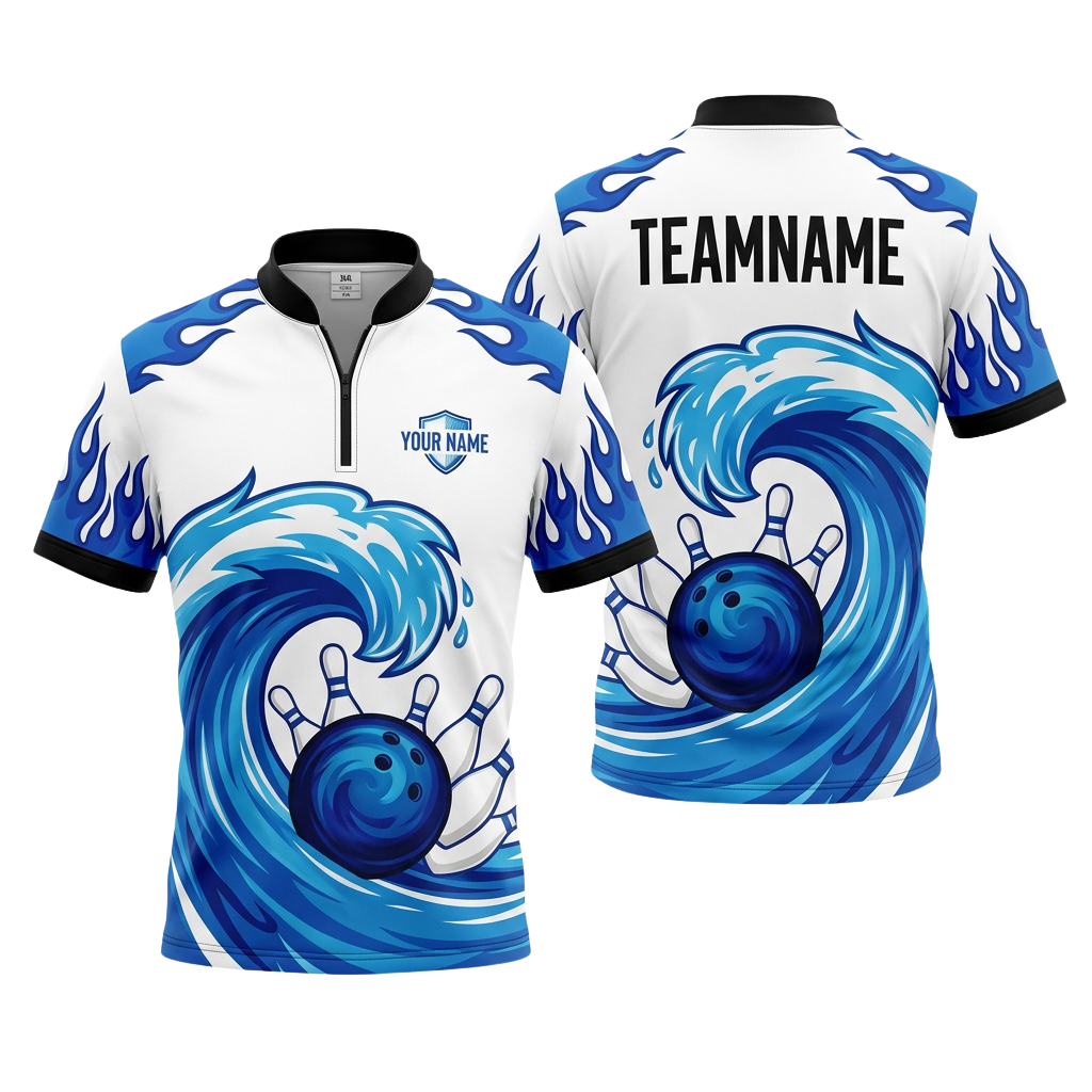 Custom Blue Wave Bowling Polo Shirt | Personalized Team Name 3D Printed Bowling Jersey