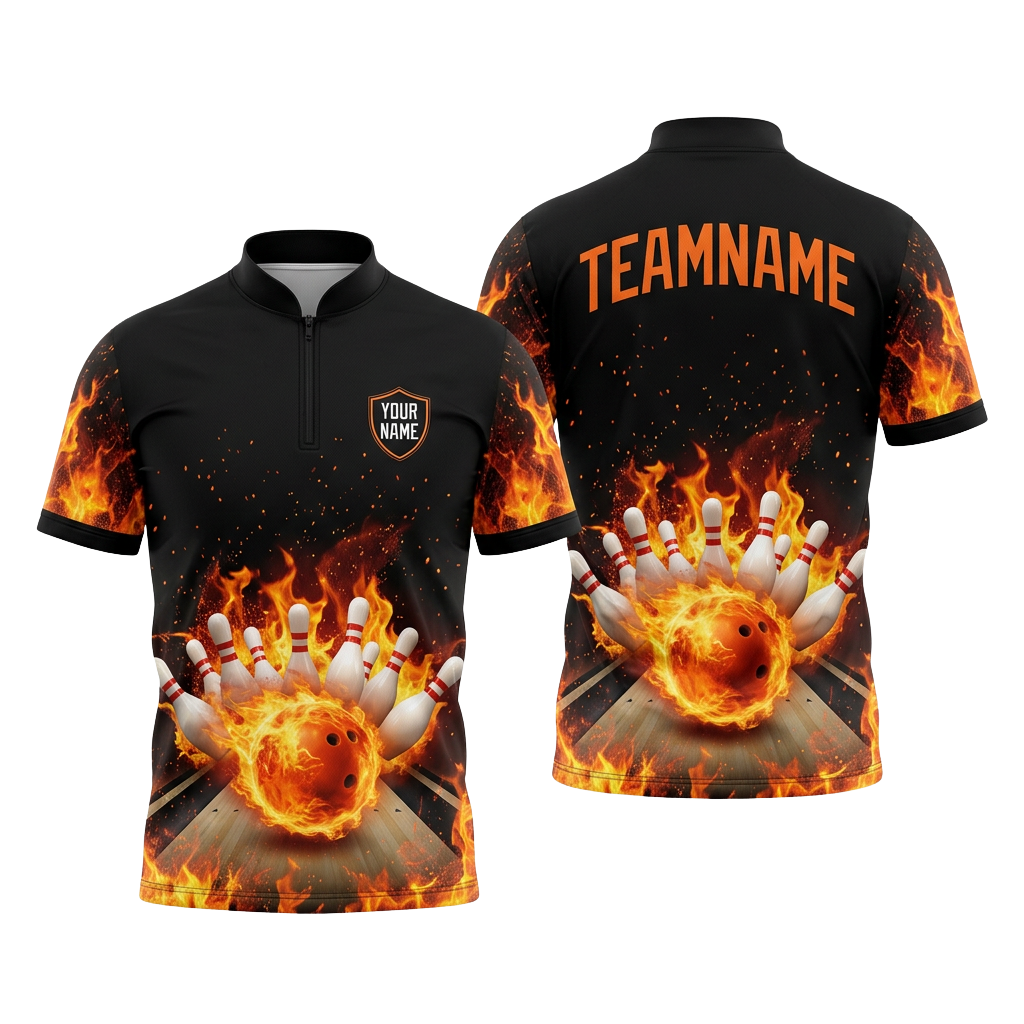 Custom Orange Flame Bowling Polo Shirt | Personalized Team Name 3D Printed Bowling Jersey