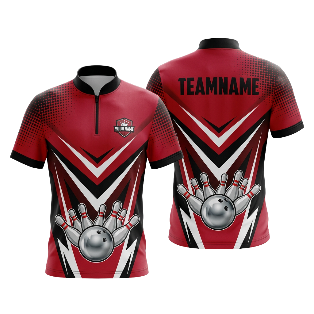 Custom Red Chevron Halftone Bowling Polo Shirt | Personalized Team Name 3D Printed Bowling Jersey