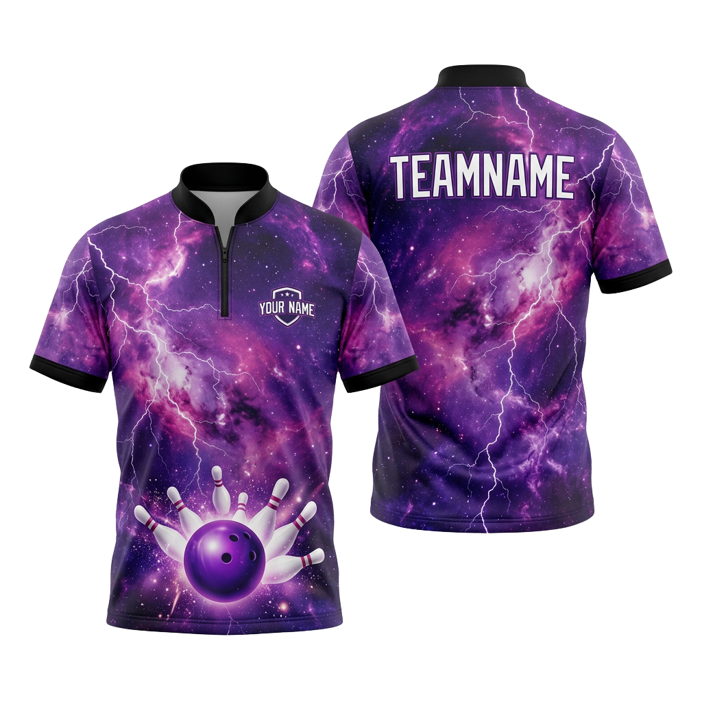 Custom Purple Galaxy Bowling Polo Shirt | Personalized Team Name 3D Printed Bowling Jersey
