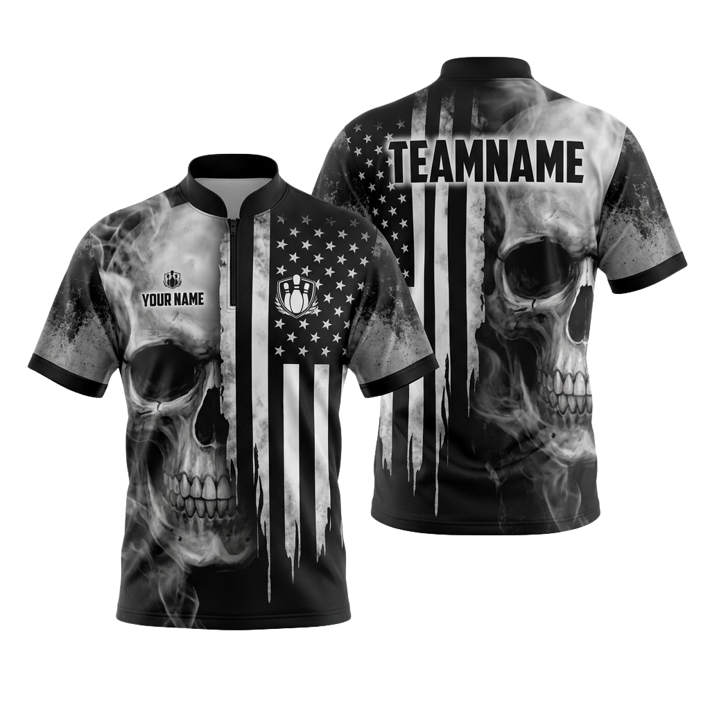 Custom Skull Flag Bowling Polo Shirt | Personalized Team Name 3D Printed Bowling Jersey