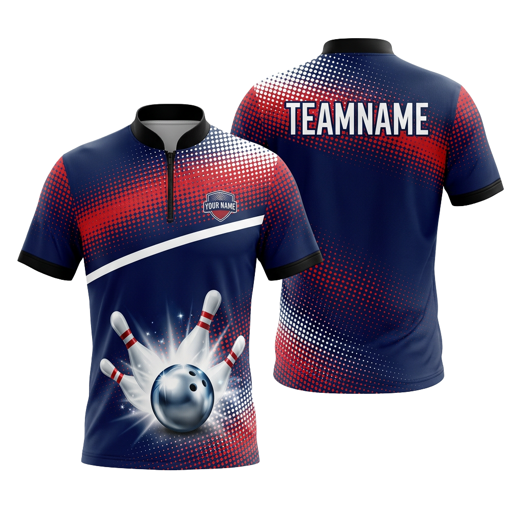 Custom Navy Red Halftone Bowling Polo Shirt | Personalized Team Name 3D Printed Bowling Jersey