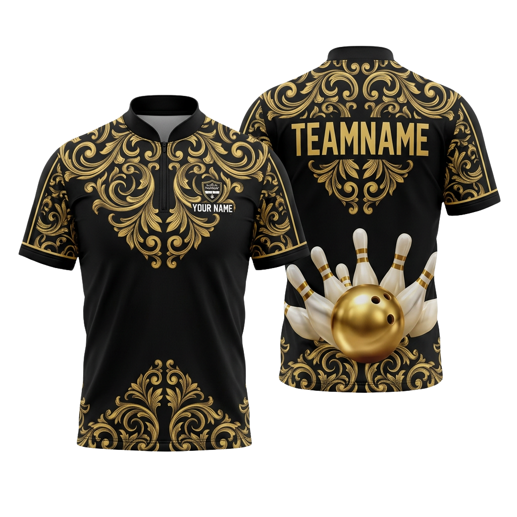 Custom Gold Baroque Bowling Polo Shirt | Personalized Team Name 3D Printed Bowling Jersey