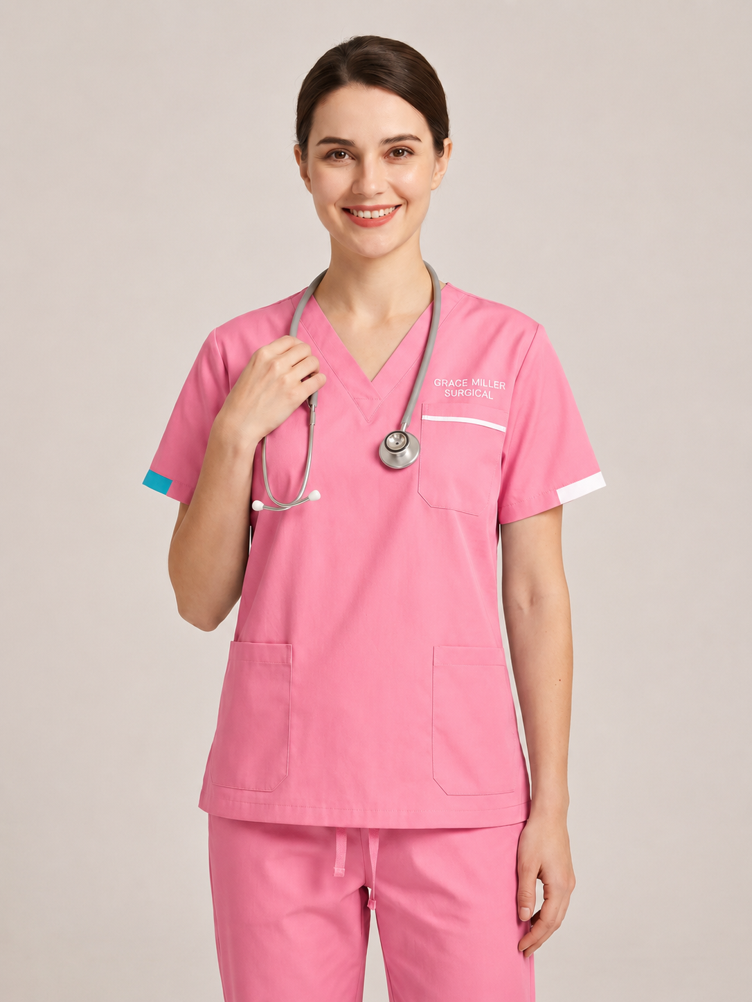 Custom Embroidered Unisex Scrub Set with Contrast Line Detail – V-Neck Surgical Uniform