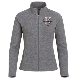 Gray zip-up jacket with embroidered name and title on a white background