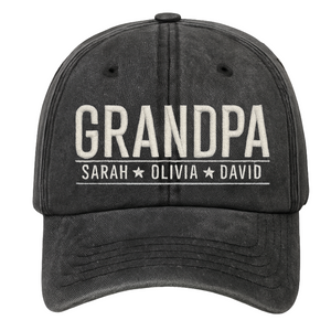 Personalized Embroidered Grandpa Hat with Kids’ Names - detail view, custom embroidered by Intriklo