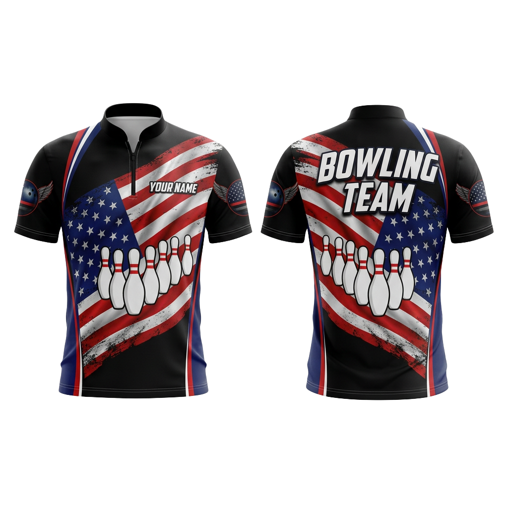 Custom American Flag Bowling Polo Shirt | Personalized Team Name 3D Printed Bowling Jersey