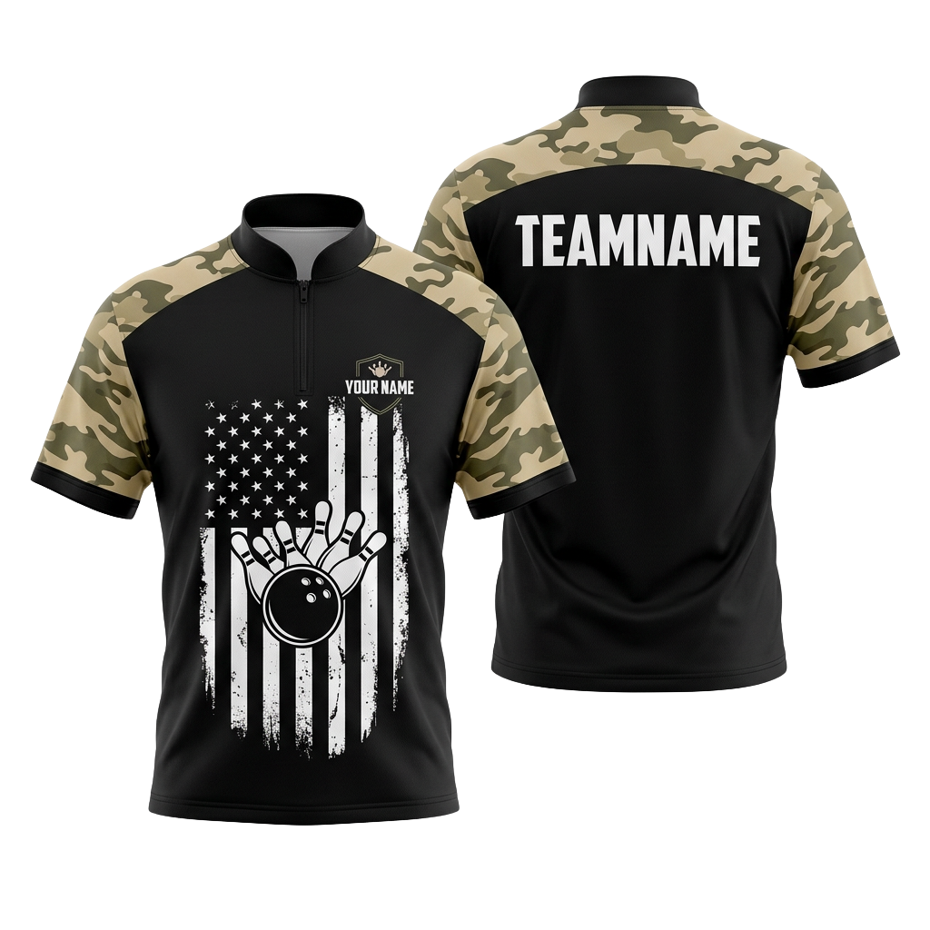 Custom Camo Flag Bowling Polo Shirt | Personalized Team Name 3D Printed Bowling Jersey