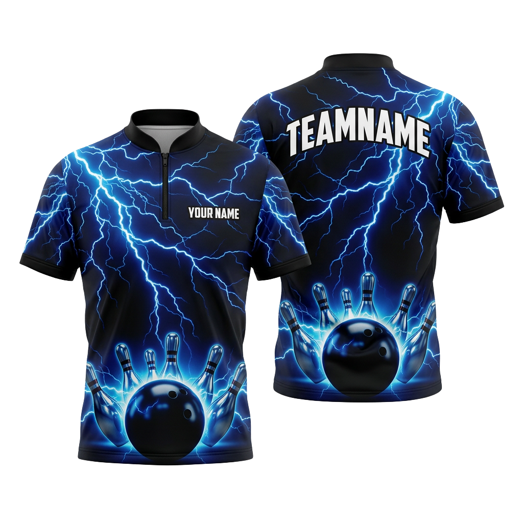Custom Blue Lightning Bowling Polo Shirt | Personalized Team Name 3D Printed Bowling Jersey